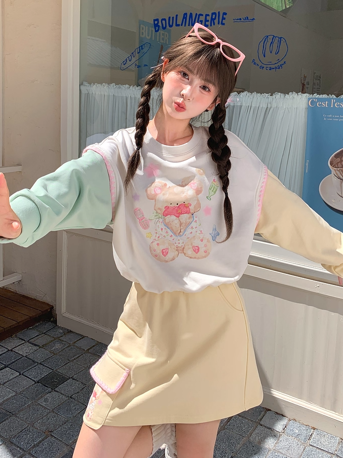 Green Teddy Bear Print Drawstring Sweatshirt Hem Yellow Design Colorblock Autumn and