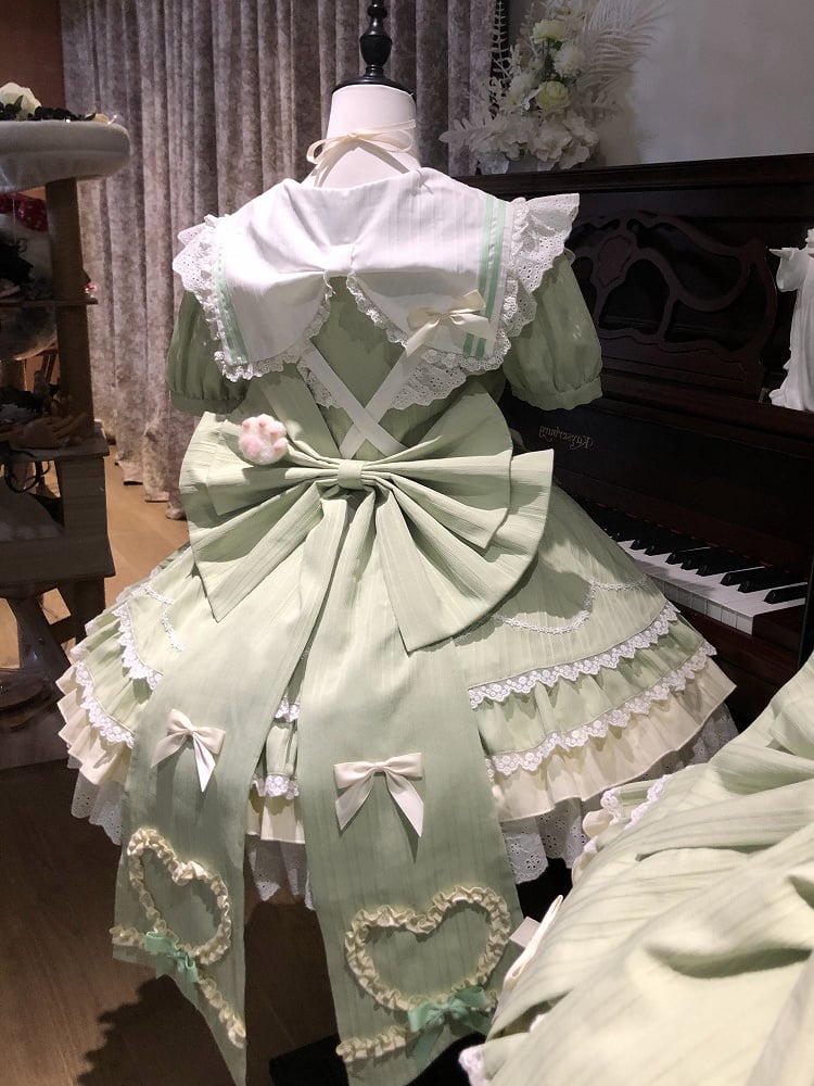 Heart Lolita Green Apron with Maid Matcha Collar Sweet Sailor Kitty-themed Dress