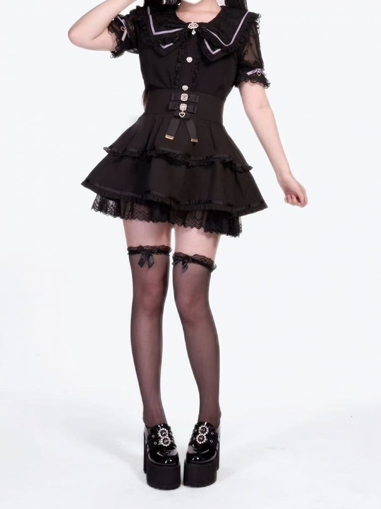 Schwarze Kei-Kragenbluse mit Schleife und Jirai