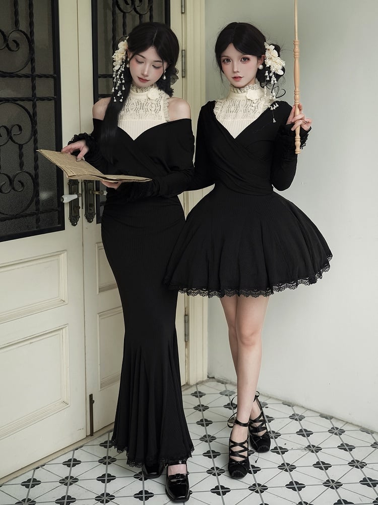 V-Neck + Short Top Hairclip Deep Sleeves Flower Knit Sleeveless Beige Black Long Dress