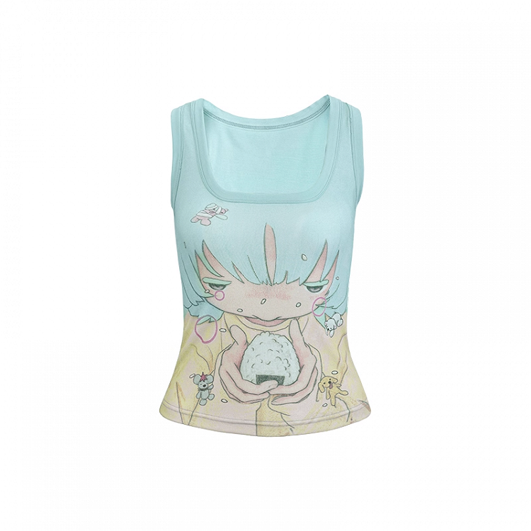 Tank Top Neckline Print Anime Girl Mint Green Square