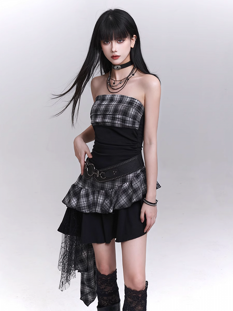 Strapless Dress Skirt Black White Plaid Asymmetrical Hem Tiered