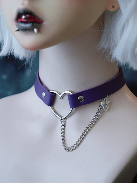 Chain And Heart Cut-out Gothic Choker Pendant Purple Cross-shaped