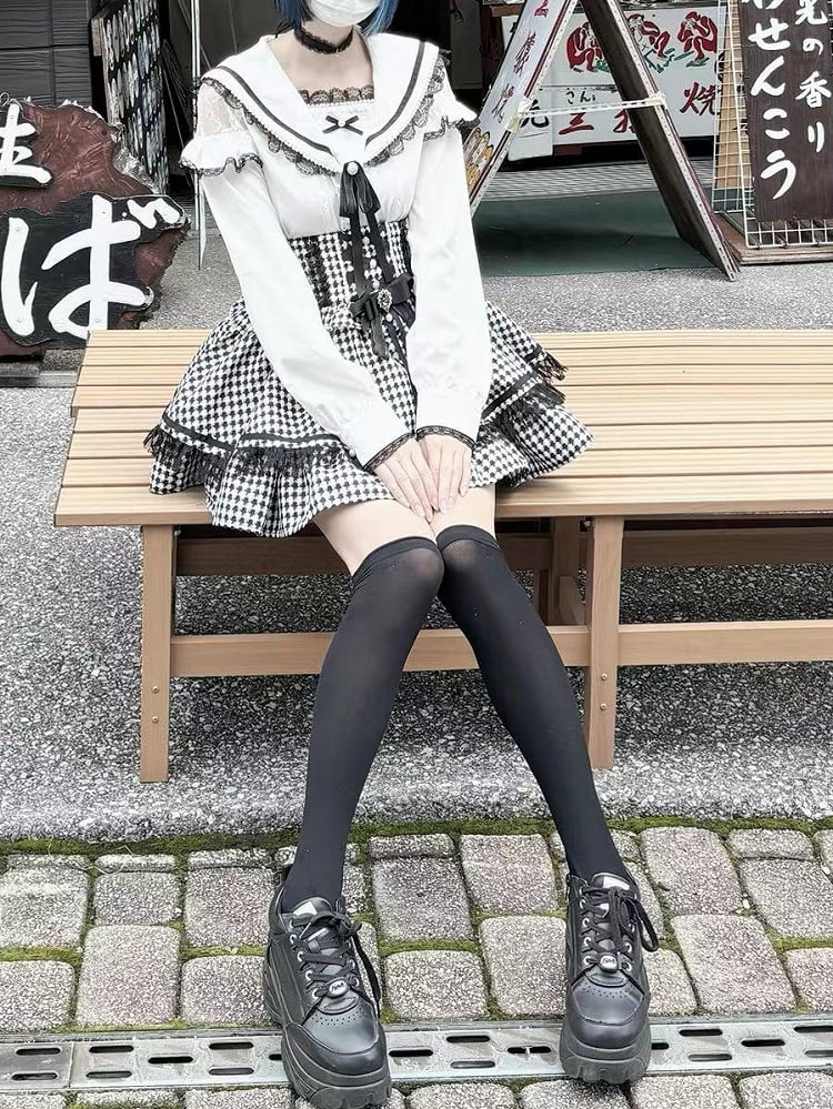 Pendant Trim Blouse Lace with Jirai Kei Black/White Sailor Collar Cutout Choker Shoulder Heart