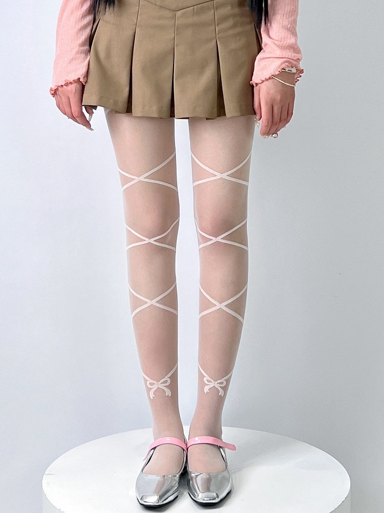 Banded Bowknot Tights Nude/White Print Crisscorss