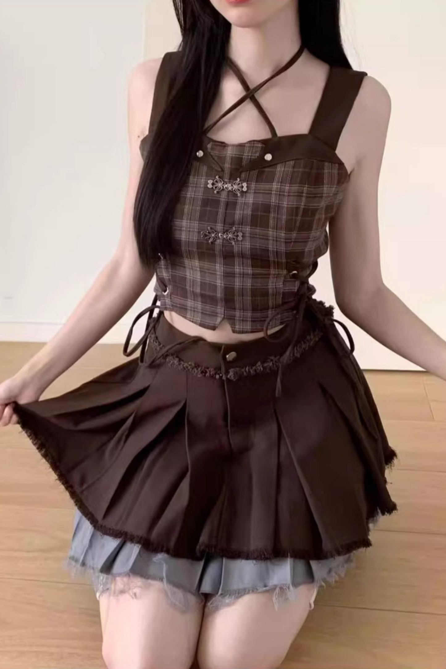 skirt + blue bustier top dark check y2k asymmetrical