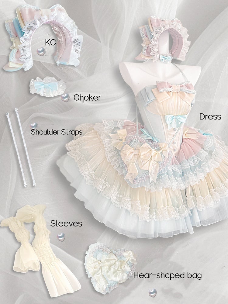 Sweet Lolita Balletcore Dress Blue Tiered Pink Skirt Yellow Boned Corset Waist