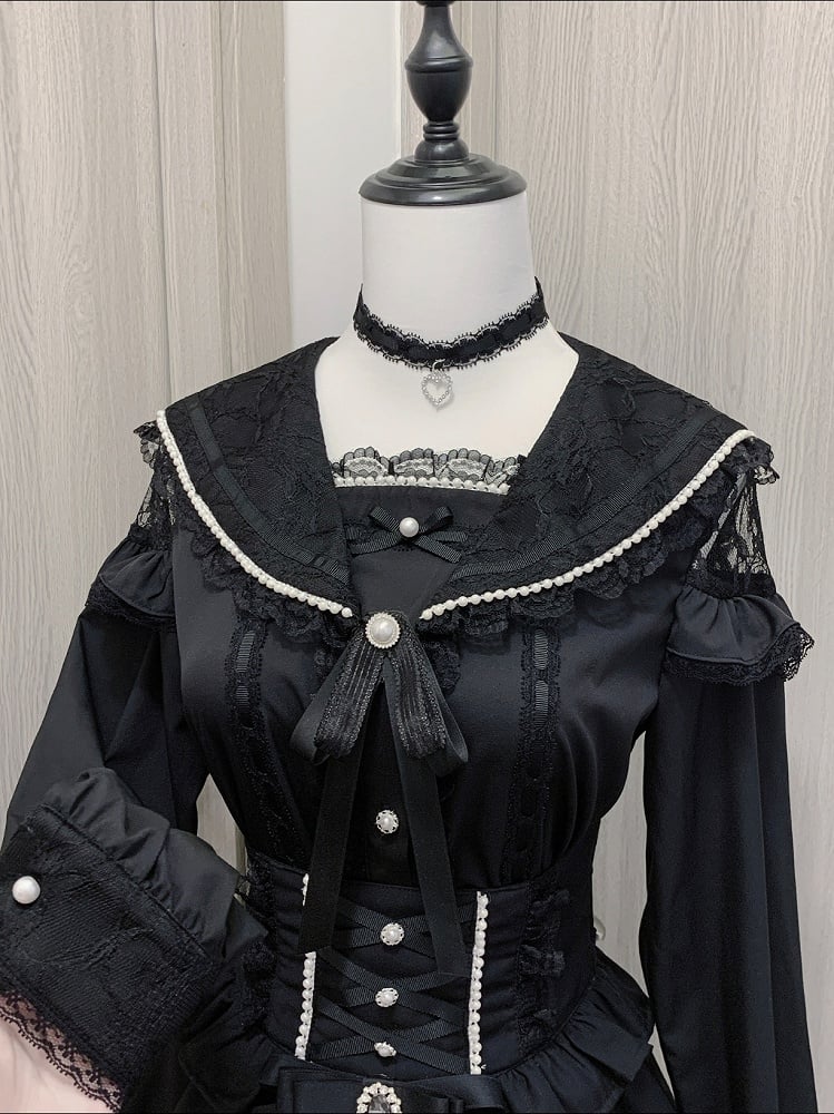 Pendant Trim Blouse Lace with Jirai Kei Black/White Sailor Collar Cutout Choker Shoulder Heart