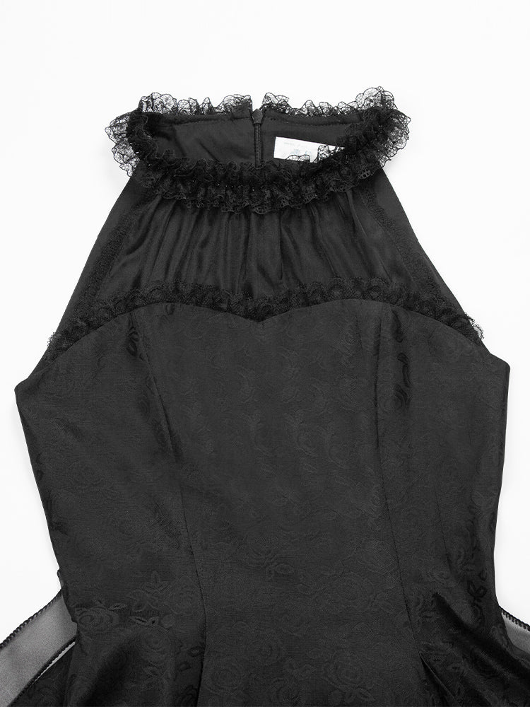 Panels Illusion Rosette All Jacquard Fabric Halter Prom Black Dress Neck Lace