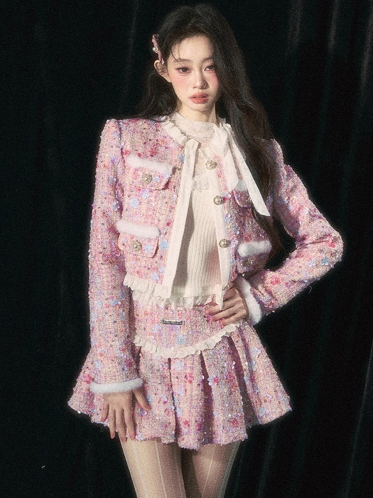 Pink Jacket Floral Bead Embellishments Sequins Detail