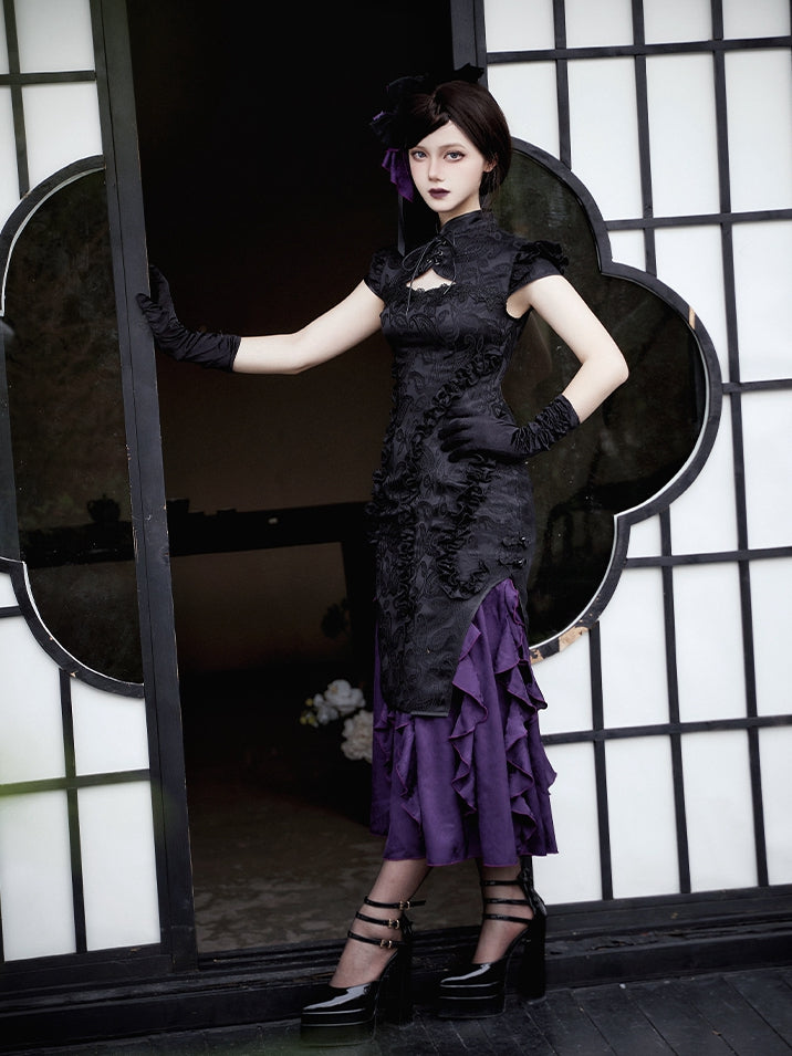 Cascading Black Vibes Qipao Trim Jacquard Purple Lolita Dress Qi Hem Cthulhu Ruffle