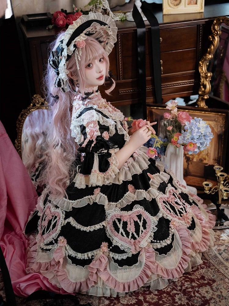 Black Hanayome Rosette Embroidery Floral and Bead Chain Lolita OP Full Set