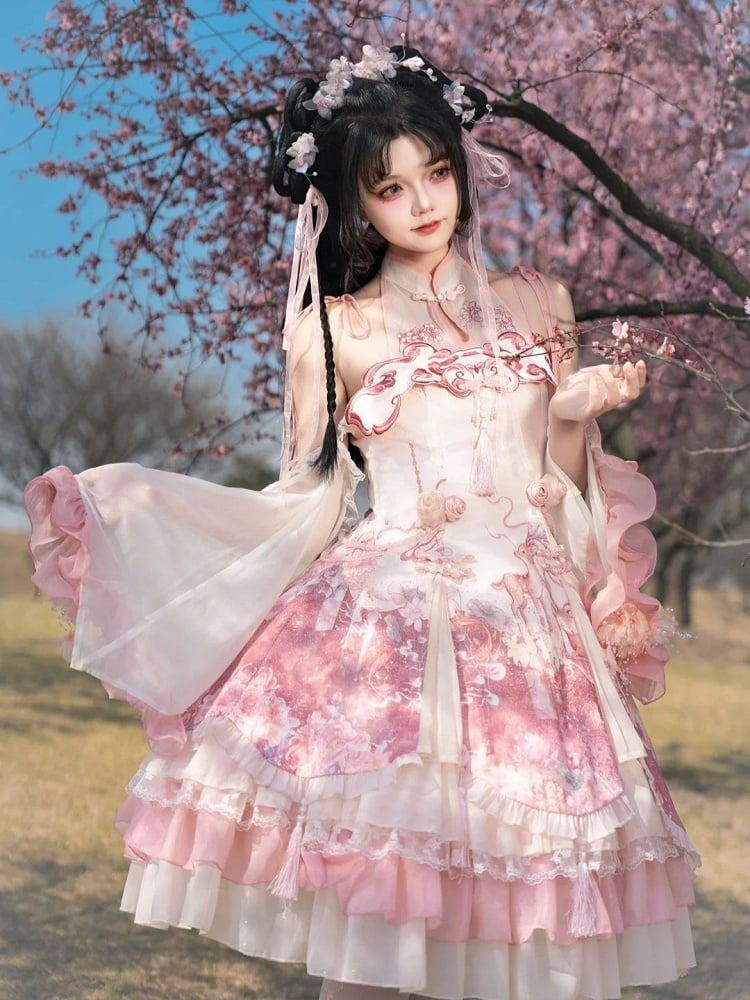 Dress Qi Cheongsam Sakura Skirt Lolita Print Jumper Pink Style