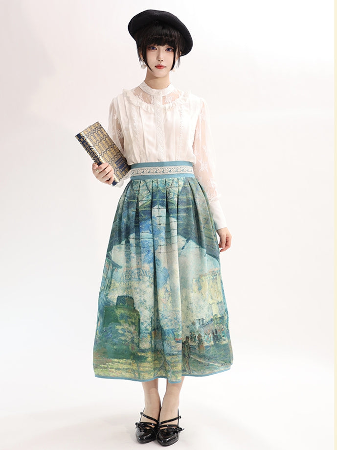 Saint-Lazare Oil Painting Print Green Waist Skirt Version Gare Long/Short High