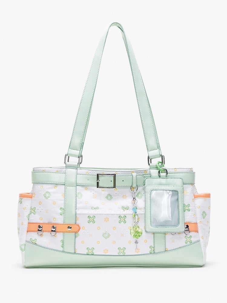 White Green Clover-Themed Large Capacity Tote Ita Bag with Strap Accents And Detachable Ita Card Holder