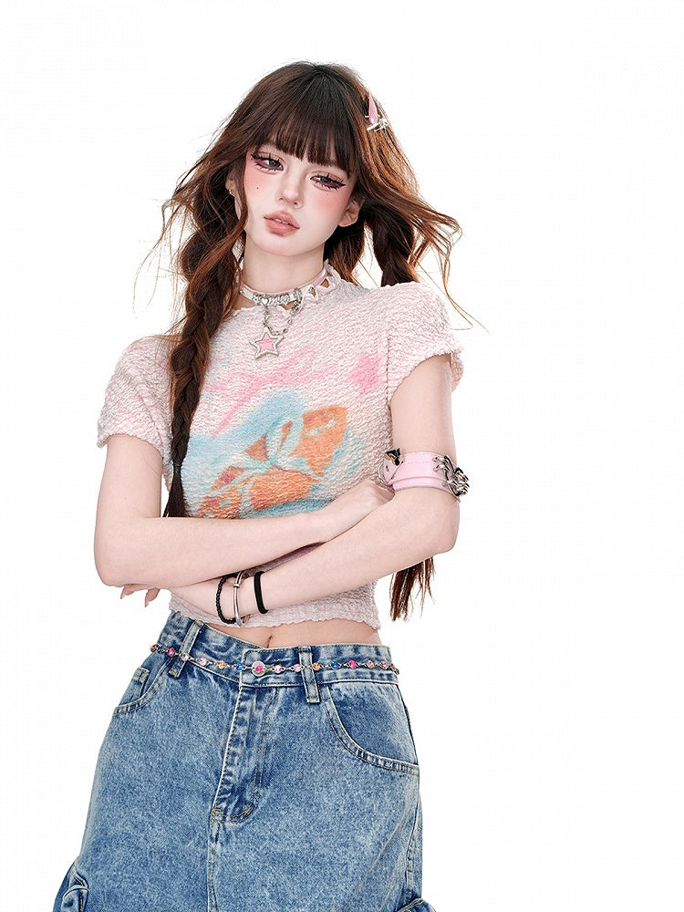T-Shirt mit Grafik am Hals, Rosa/Weiß, Rundhalsausschnitt, Glamorous Cropped