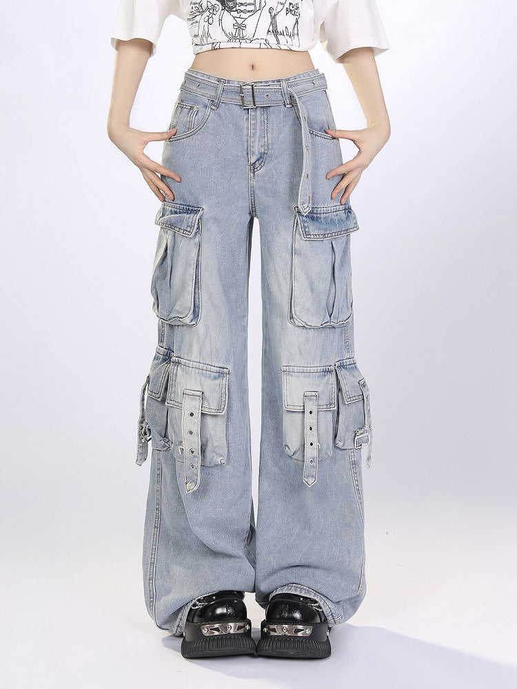 Blue/Black Multi-Pocket Utility Cargo Jeans with Hanging Strap Design