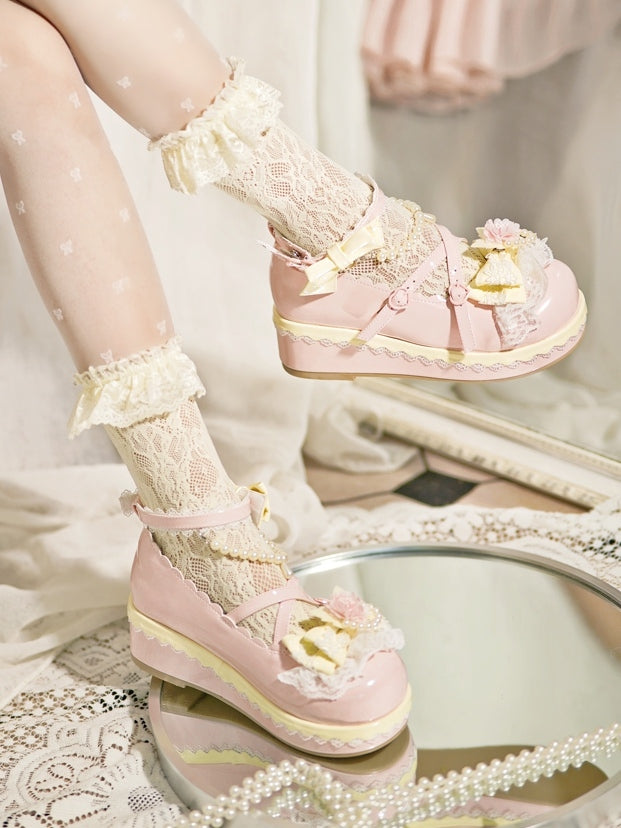 Floral at Platforms Heart Bow Design Beaded Buckle Chain Detachable Pink Lace With Trim Top