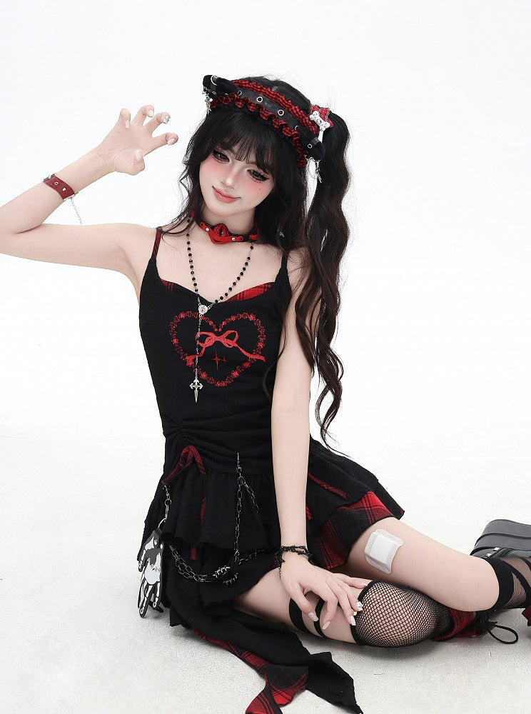 Cami Dress Skirt Red and Black Plaid Drawstring Waist Handkerchief Hem Tiered
