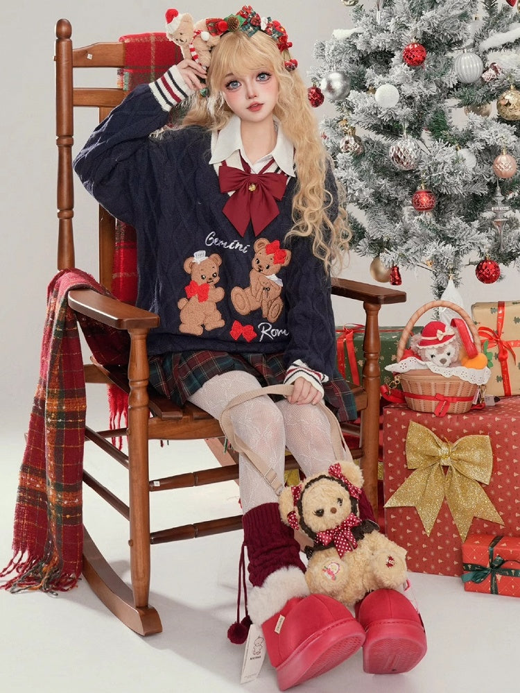 Christmas Navy Blue Gingerbread Bear Appliques V-neck Soft Sweater