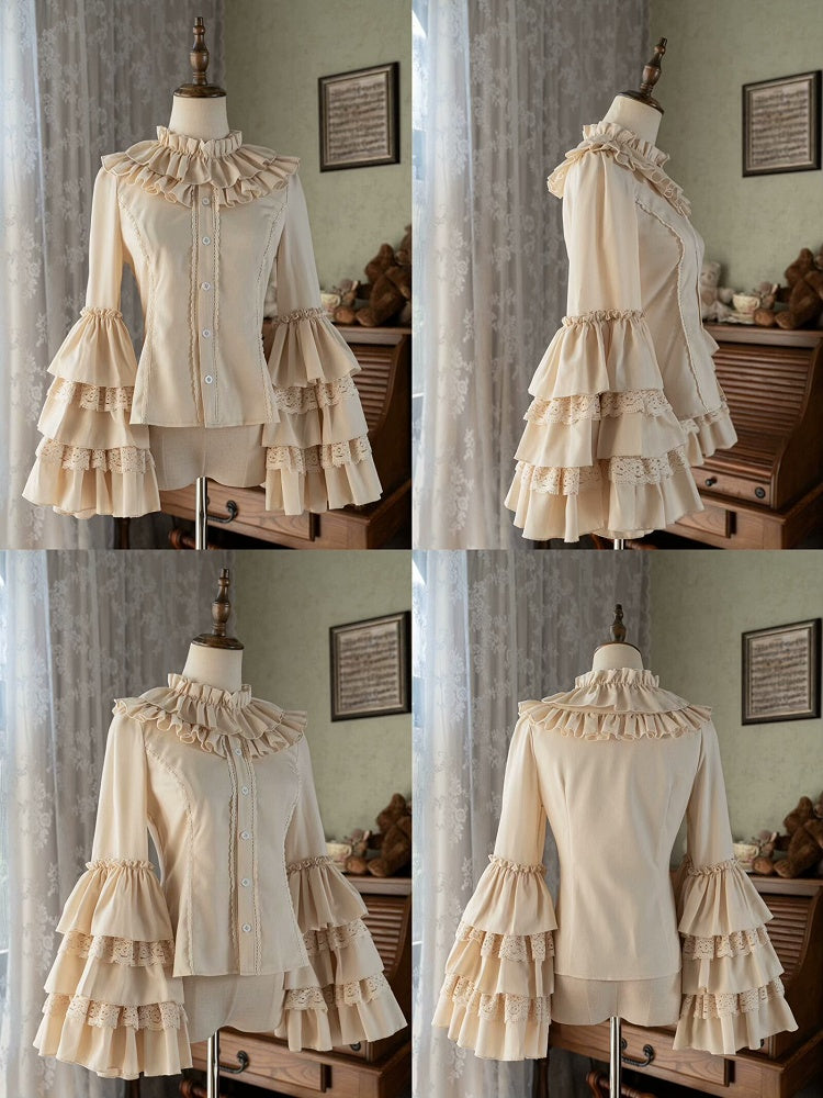 Apricot Ruffle Neckline Layered Bell Sleeves Blouse