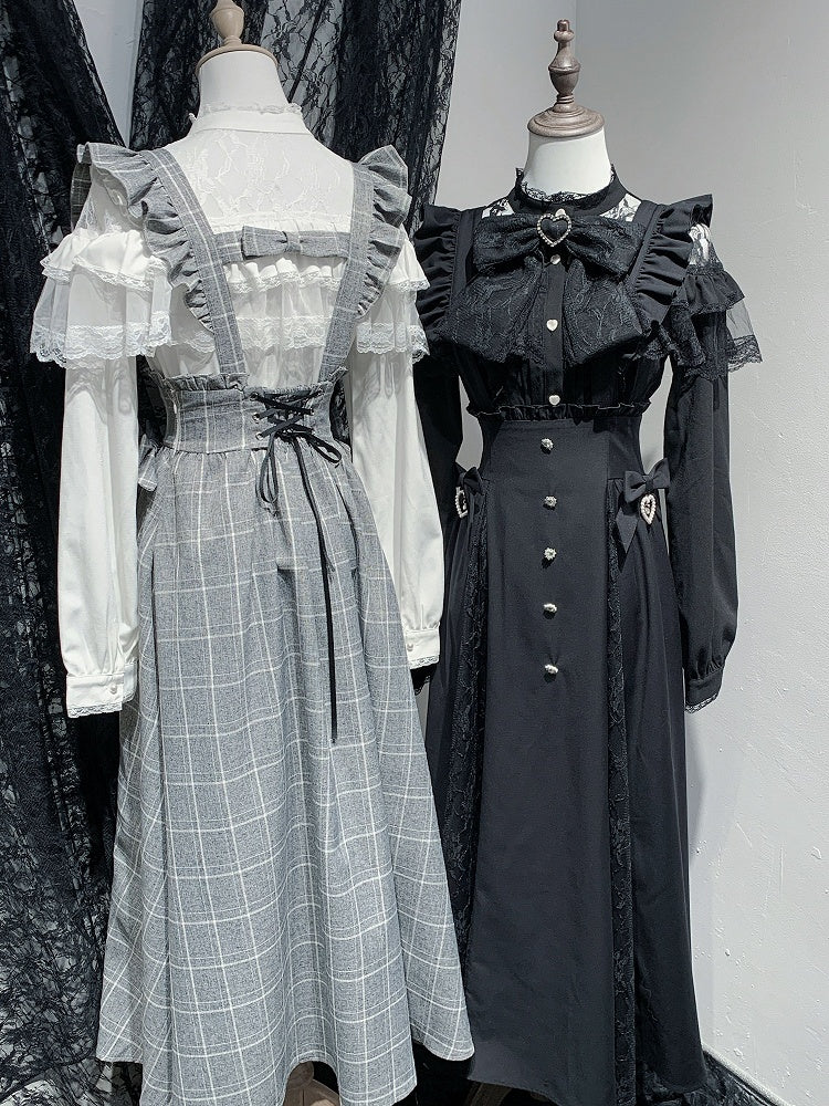 in Overall Sleeves Plaid Long Flutter Black/Gray Detachable Rhinestone Kei Skirt Jirai Accents with Style