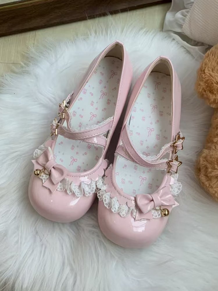 Star Low Leather Heels Sweet with Pink PU Closure Lolita -
