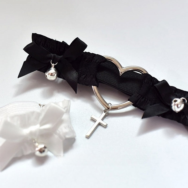 Black/White Bowknot Punk Choker Details Pendant Cross