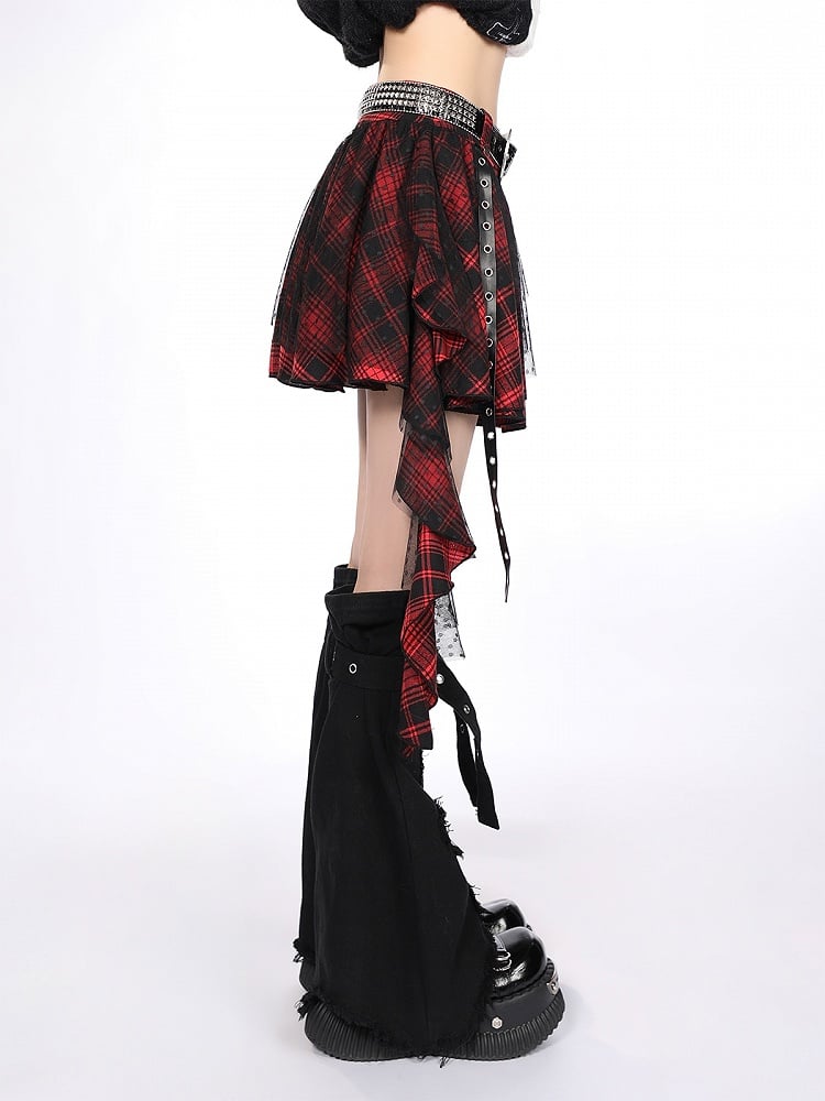 Asymmetrical Red Plaid Tiered Mini Skirt with Lace Overlay Y2K