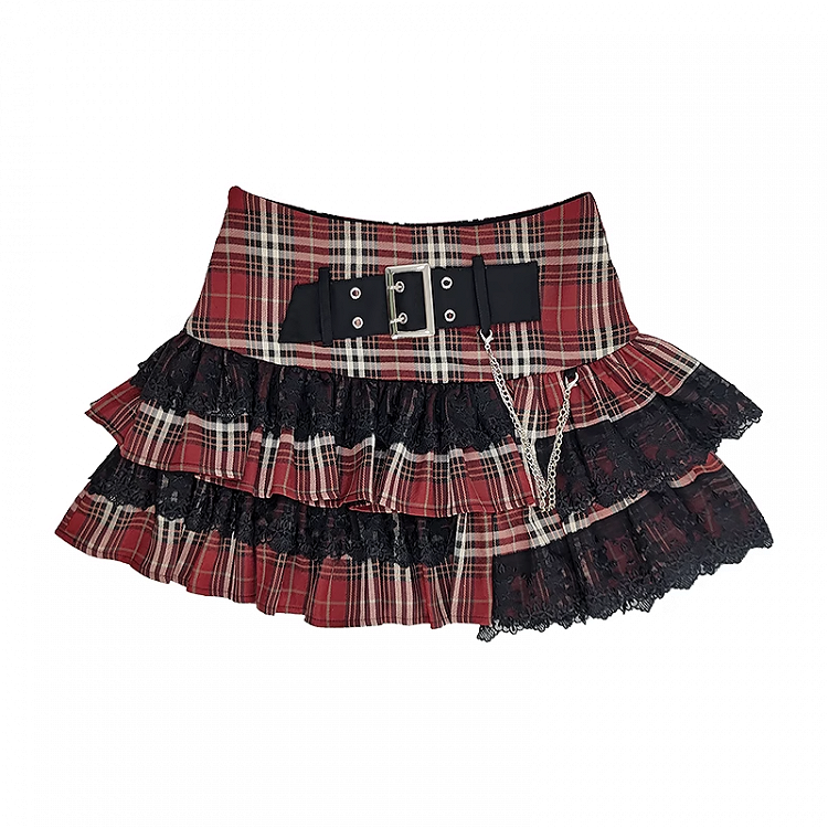 Tiered Skirt Lined Strap Trim Y2K Red Plaid Buckle Lace