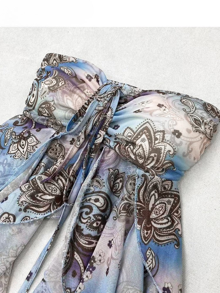Blue Holiday Ruffle Print Top Tube Accents Design Cascading