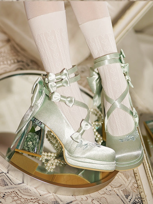 Elegant Block Platform Flower Green High Heels Heel Camellia