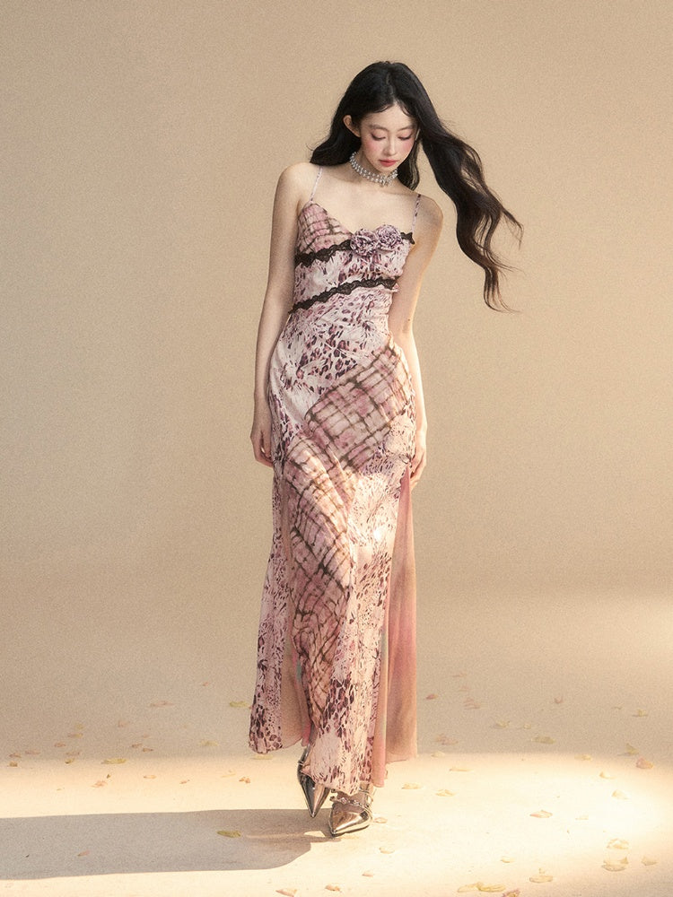 華やかなレースの花柄装飾柄ピンクヒョウ柄トリムスリップドレス