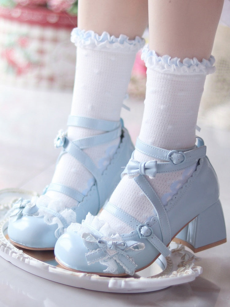 Blue at Heart Lace Top Patch Mid Heels Bow Ruffles Lolita