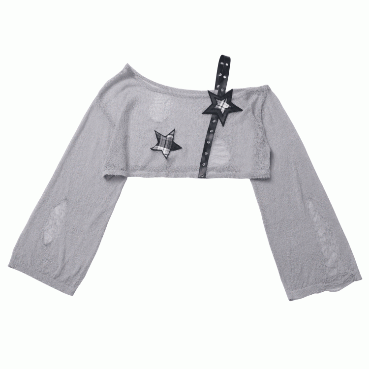 Coverup Black/Gray Star Distressed Holes Punk Rock Strap Hollow-Out Cropped