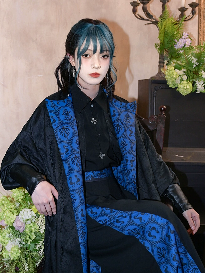 Cheongsam Style Long Coat Print and Blue Coral Black Jacquard Seahorses Reversible