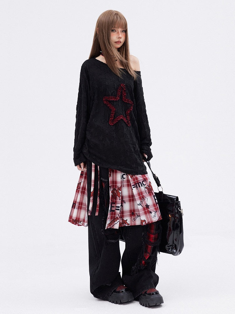 Black Distressed Holes Plaid Pattern Straight-leg Cut Jeans