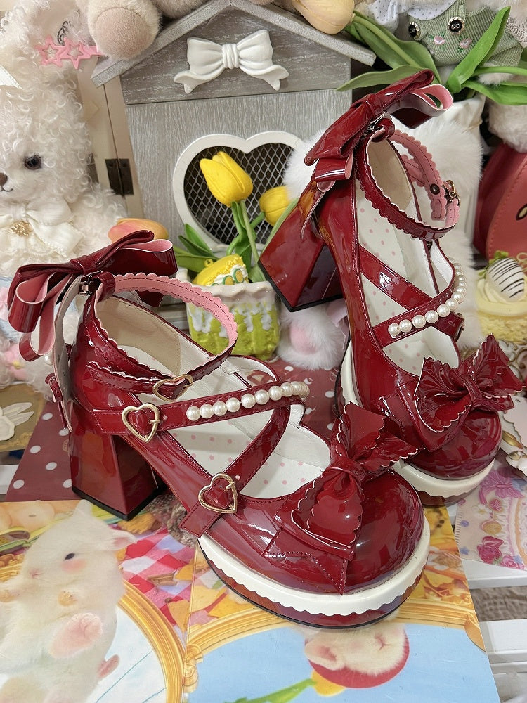 Heart Sweet Red PU Lolita Buckles Strap Bow Bead-Embellished Janes Leather with Mary Accents in Wine