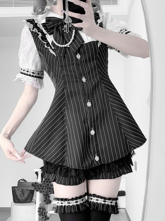 Minikleid + Shorts, Illusion-Ausschnitt mit Schnürung am Rücken + schwarz gestreiftes Jirai Kei-Set – Fliege