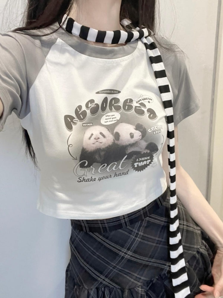White Gray Cute Panda Print Cropped Top