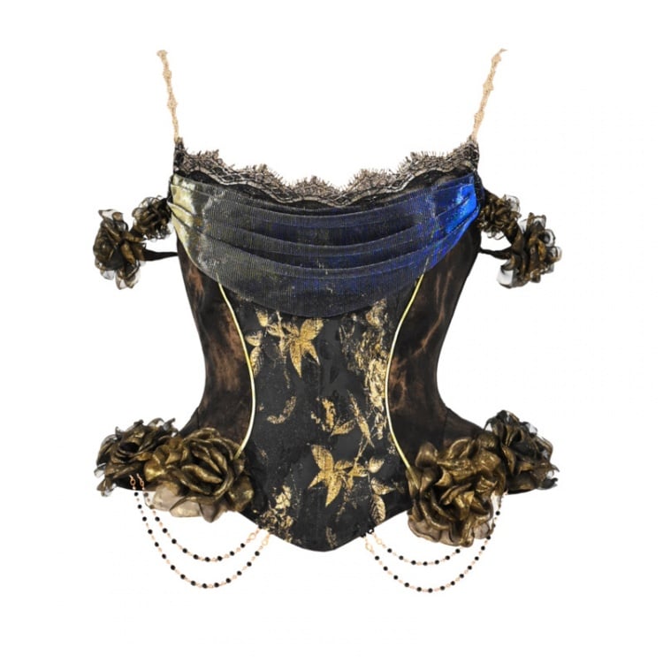 Gold Roses Schwarz und Gold Goth Korsett Top mit Stäbchen