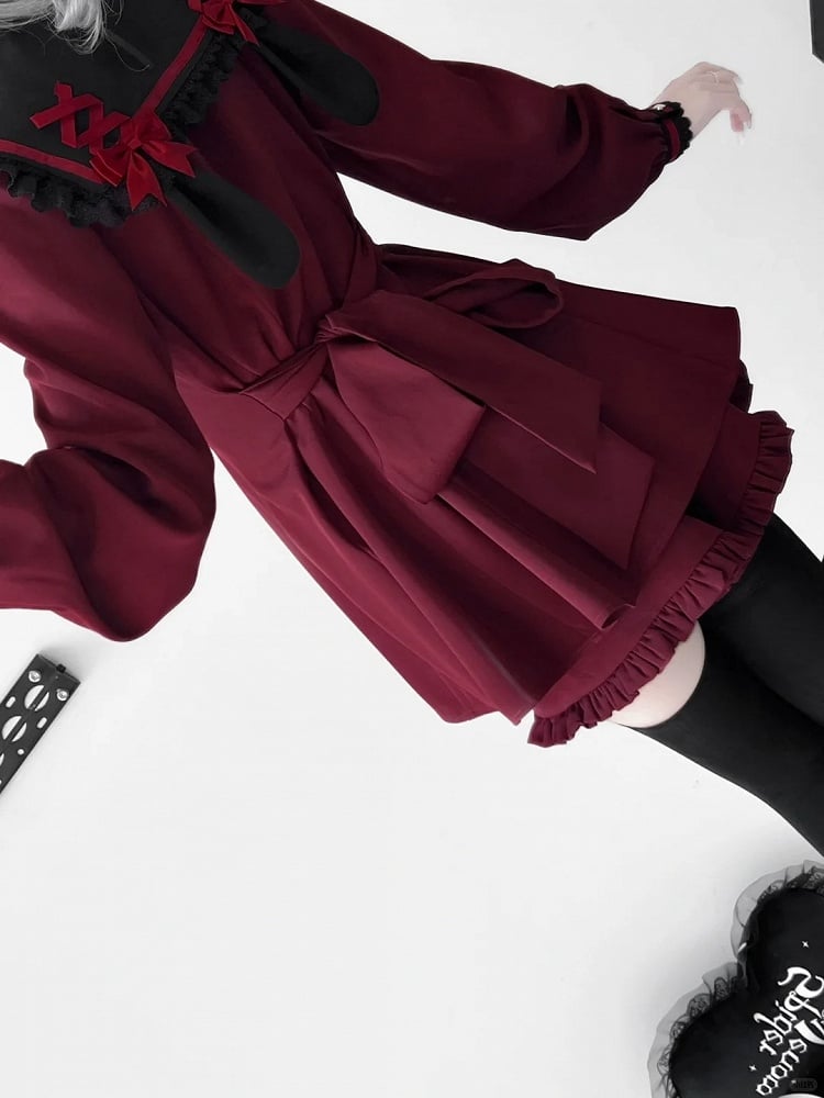 Kei Ears Jirai Red Set- Back Bow Design + Wine Mini Dress + Ruffle Hem Shorts Tie Sailor Collar Bunny