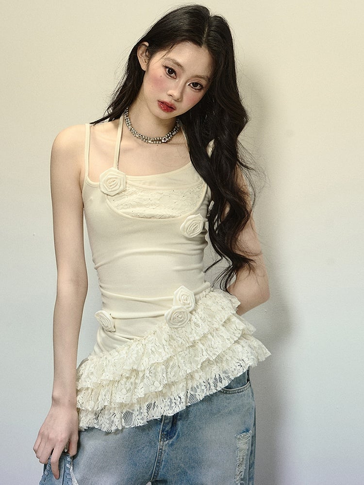 Apricot Floral Embellishments Cami Top with Asymmetrical Tiered Hem