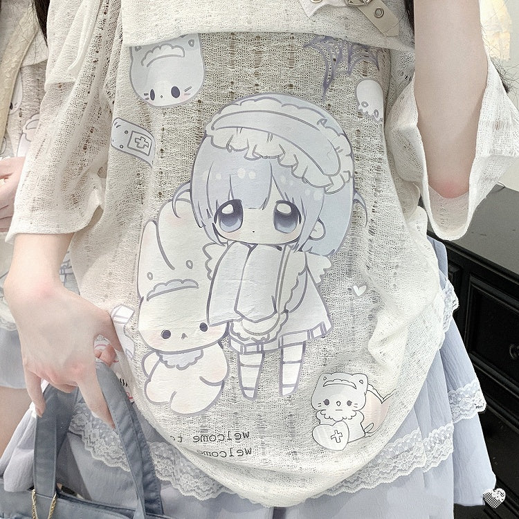 Jirai T-shirt Neckline Kei Kawaii Print Off-the-shoulder White Yami Cartoon