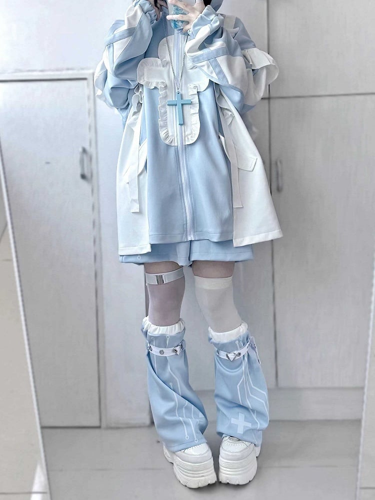 Tenshi Kaiwai Hellblau Yami Kawaii Kreuz Katzenohren Kapuzenpullover Shorts Beinwärmer Set
