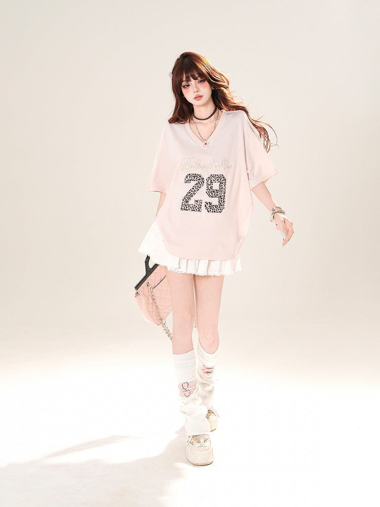 Pink Beaded Letter Leopard Pattern Number V-Neck T-Shirt