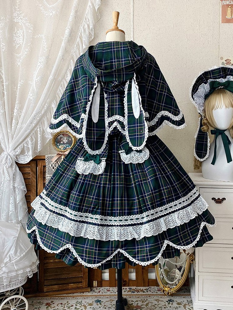 Green Plaid Bunny Ears and Cape Petal-like Trim Hooded with