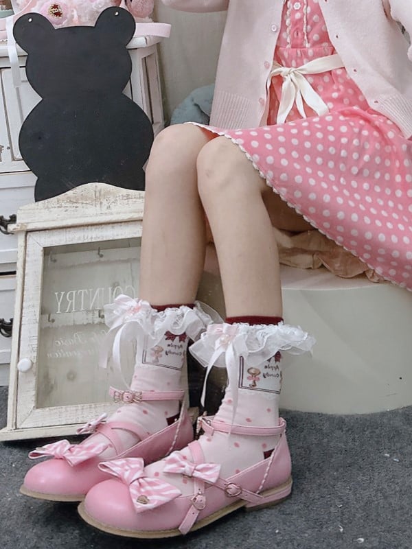 Lolita Calf Pink Bowknot Lace Pattern Details Cuffs Pearls Polka-dot Ruffled With Socks
