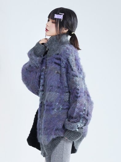 Striped Purple Gray Sweater Ribbed with Detailing Lockstitch Cuffs Mohair Knit Loose