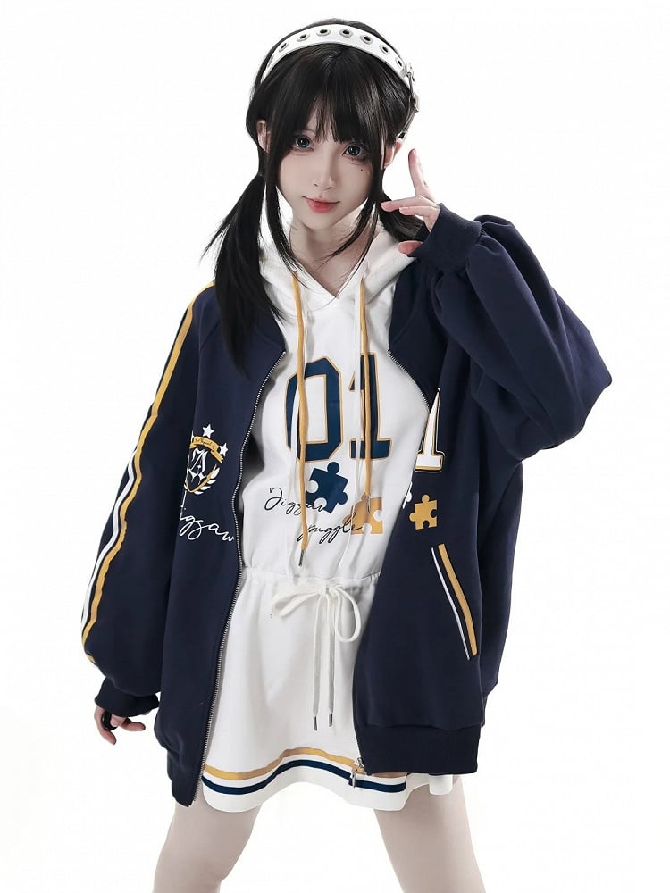 Dress with Yellow Drawstring Hem Hood,Blue Waist Striped Hoodie and Blokette Sleeveless White